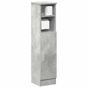 Schlanker Badezimmerschrank Betongrau aus Holzwerkstoff mit Rollenhalter, offenem Fach und Tür für Stauraum.
