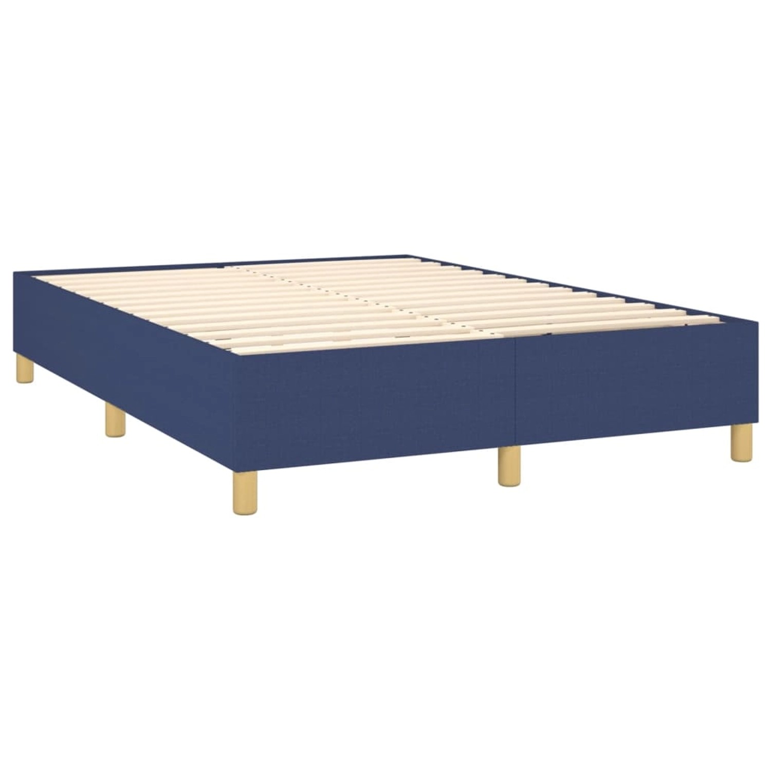 Blaues vidaXL Boxspringbett (140x190 cm) mit Holzlattenrost und Füßen.