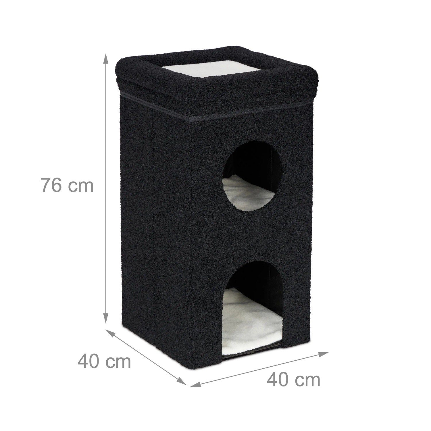 Schwarze faltbare Katzenhöhle aus Polyester, 76 cm hoch, mit 2 Höhlen, oberer Liegefläche und weichen Kissen.