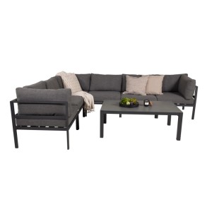 Schwarzer ebuy24 Copacabana Couchtisch aus Glas, passend zu einer grauen Lounge-Garnitur.