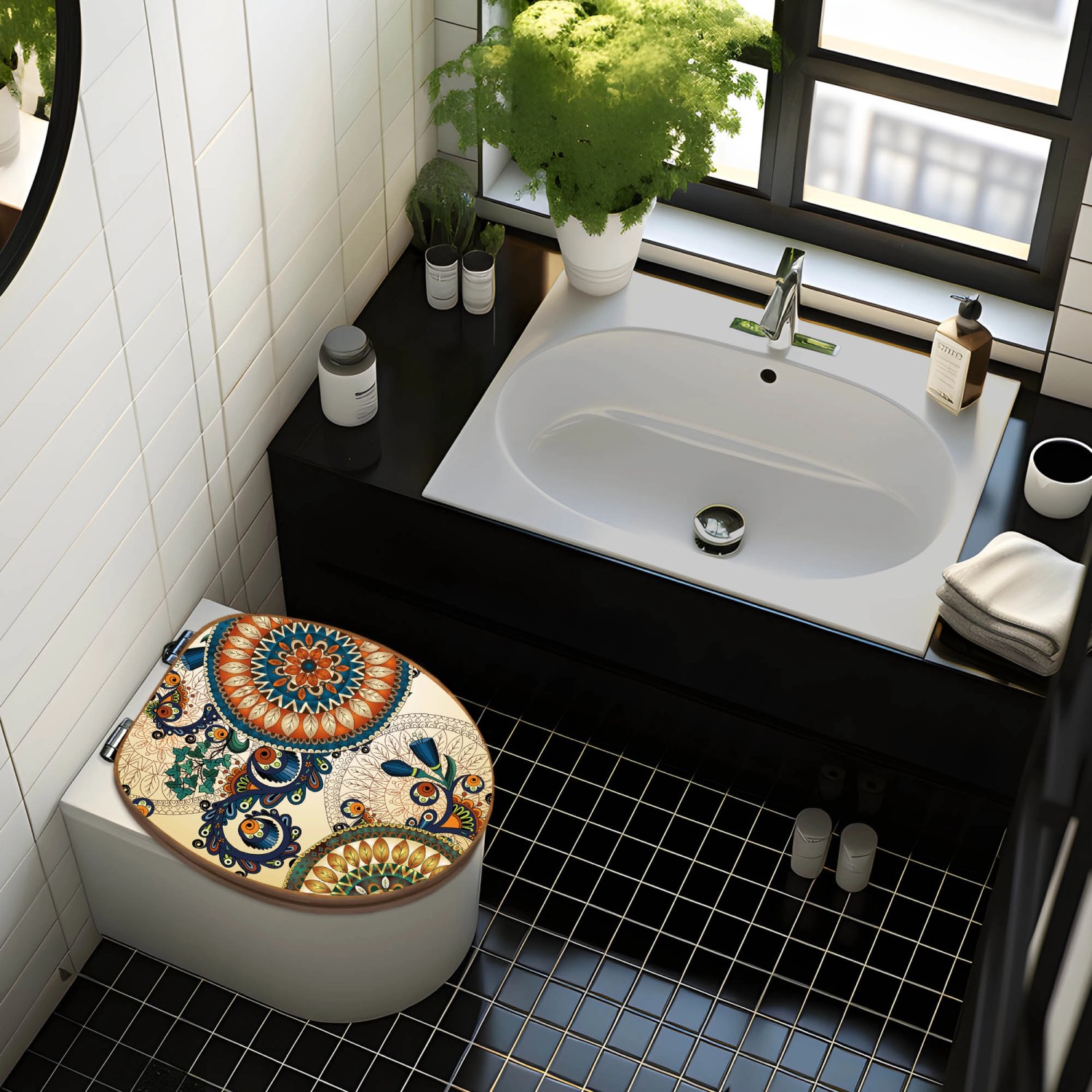 Banjado WC-Sitz Bambus mit Mandala-Motiv. Toilettendeckel aus Holz für Standard-WCs.