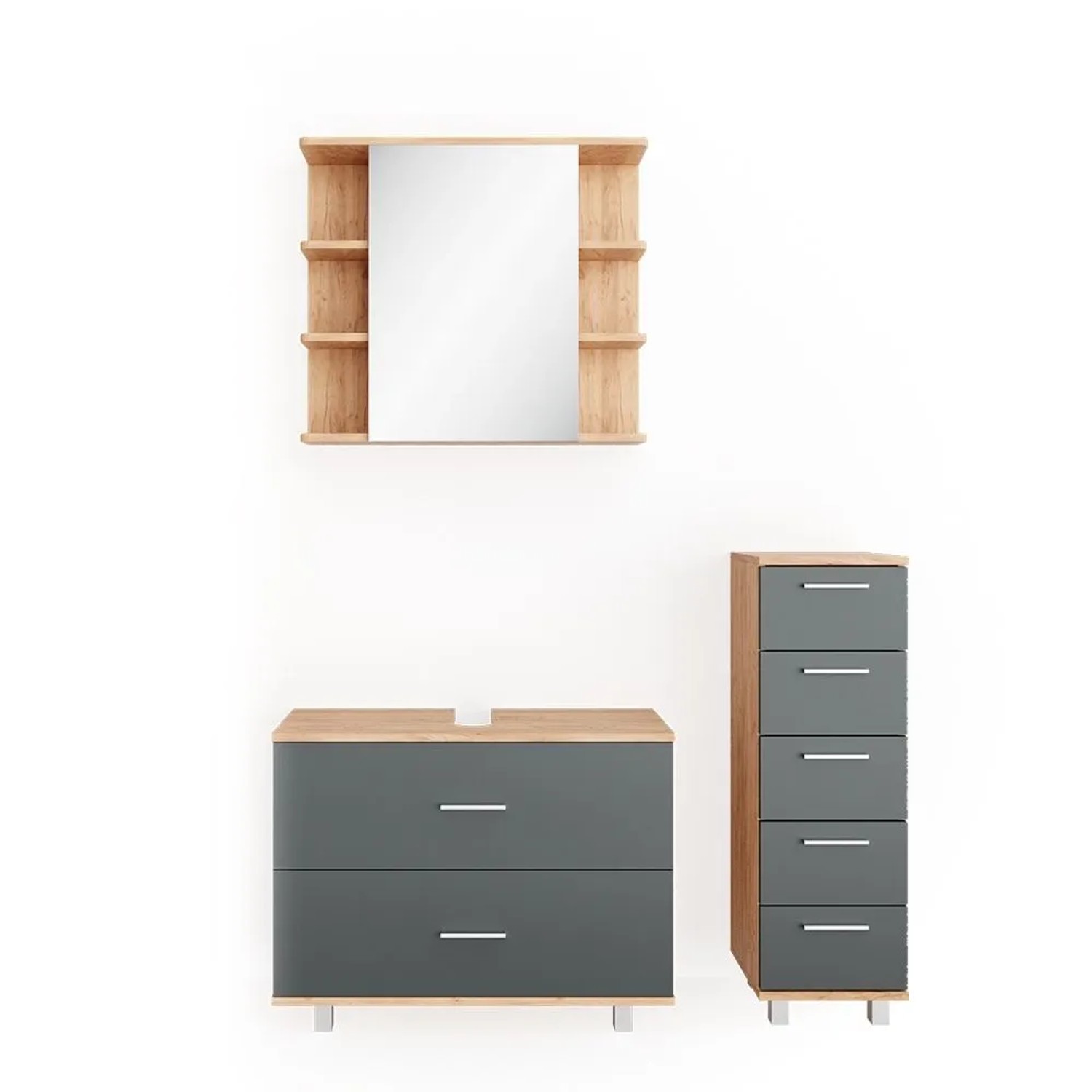 Vicco Badmöbel-Set Ilias Anthrazit/Goldkraft Eiche 80 x 61 3-teilig