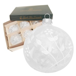 Krebs Glas Lauscha Weihnachtskugeln, weiß mit floralem Dekor, 6er-Set, 8 cm.