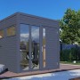 Modernes, anthrazitfarbenes Bertilo Gartenhaus Cubus 2 Office mit Glasfront und Tür.