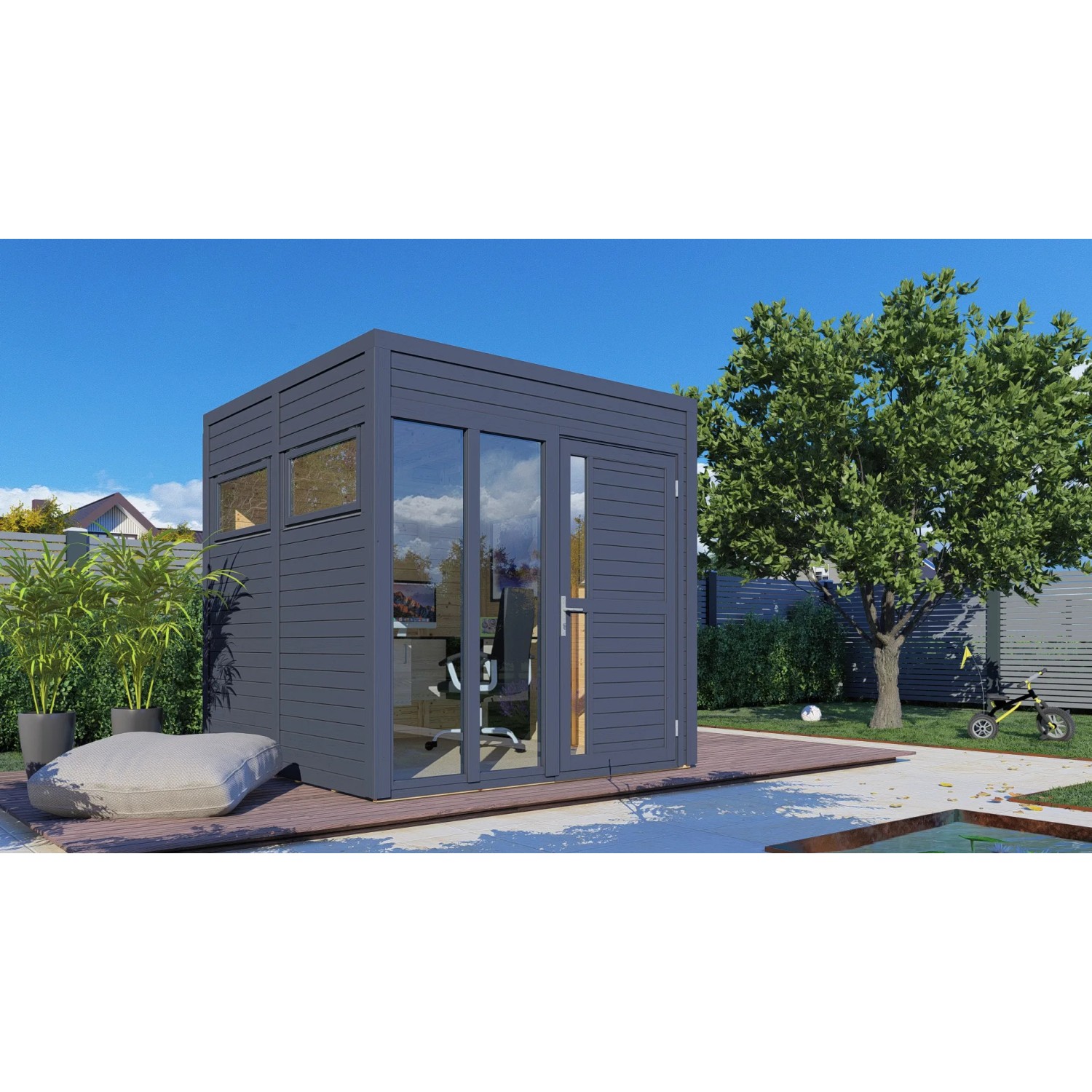 Modernes, anthrazitfarbenes Bertilo Gartenhaus Cubus 2 Office mit Glasfront und Tür.