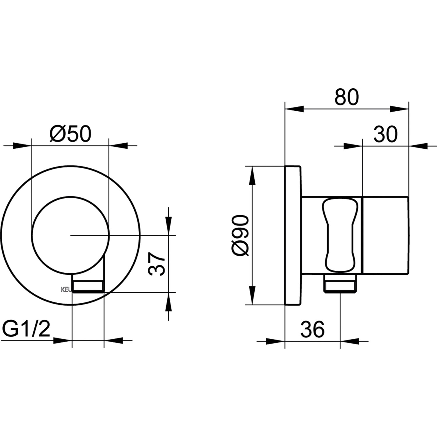 Technische Zeichnung Keuco IXMO Pure 2-Wege Umstellventil mit Maßen für Installation.