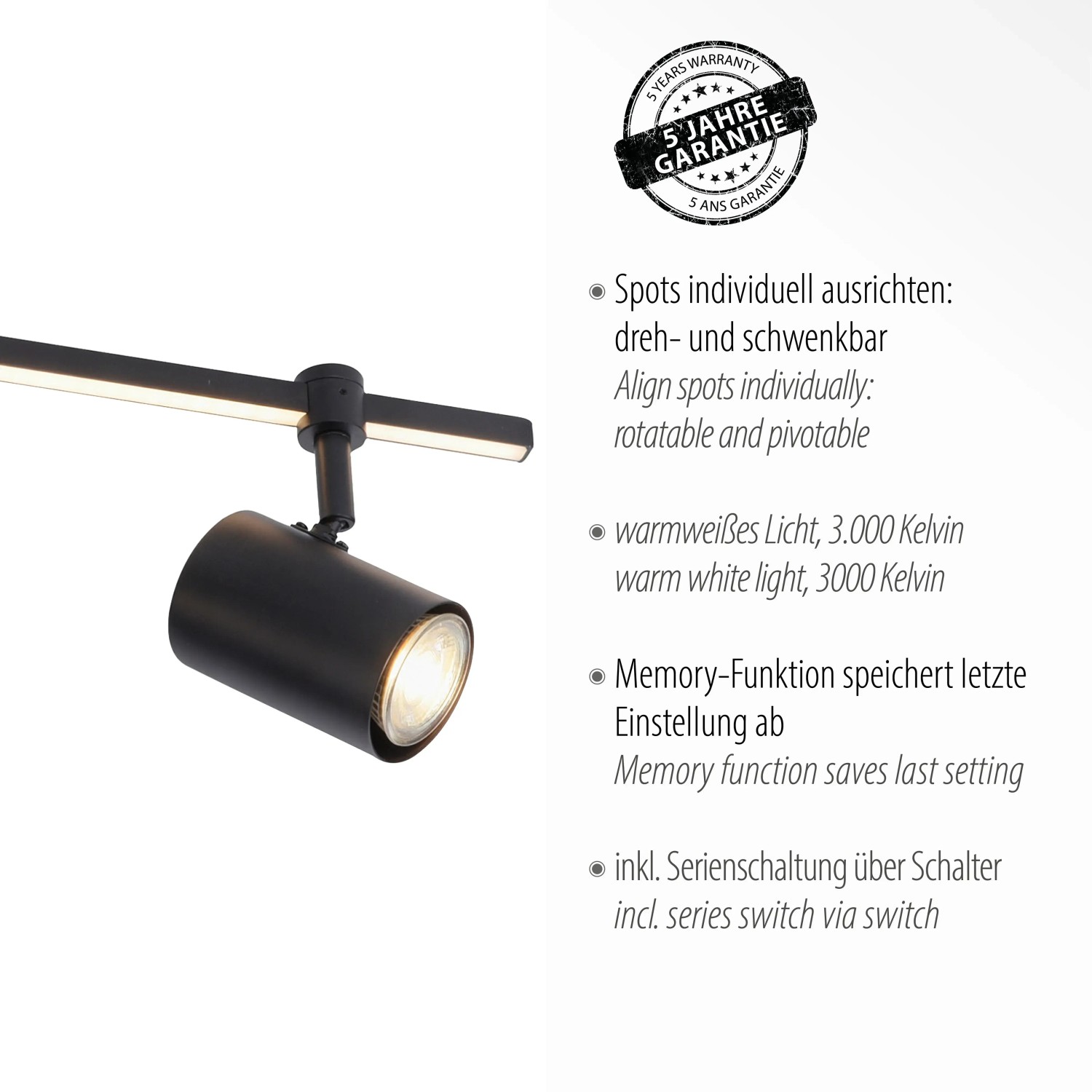 Schwarze Paul Neuhaus LED-Deckenleuchte Barik, 4-flammig, mit schwenkbaren Spots und Memory-Funktion.