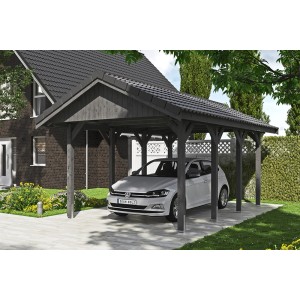 Satteldach-Carport Wallgau, schiefergrau, mit Dachlattung und Auto. Einzelcarport aus Holz mit Spitzdach.