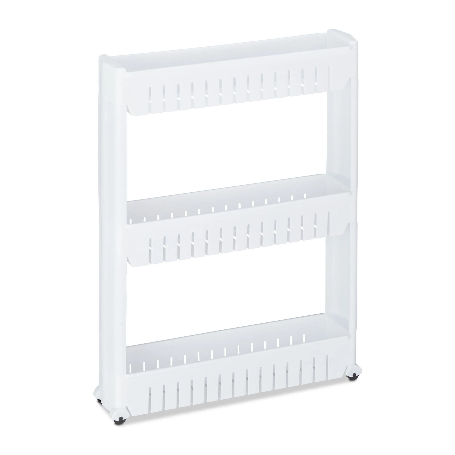Relaxdays Nischenwagen Kunststoff Weiß mit 3 Ablagen und 4 Rollen 71 cm x 12,5 cm x 54 cm 1,2 kg