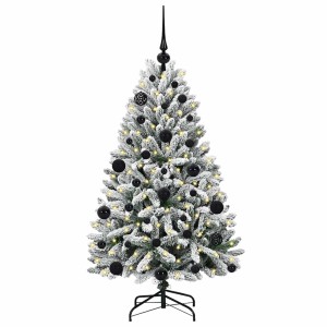 Künstlicher, grün-weißer Weihnachtsbaum (120 cm) mit LED-Lichtern und schwarzen Kugeln.