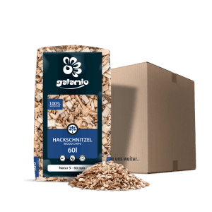 Galamio Holzhackschnitzel Natur 60l im Beutel mit Schüttung und Karton. Mulch für Garten und Beete.
