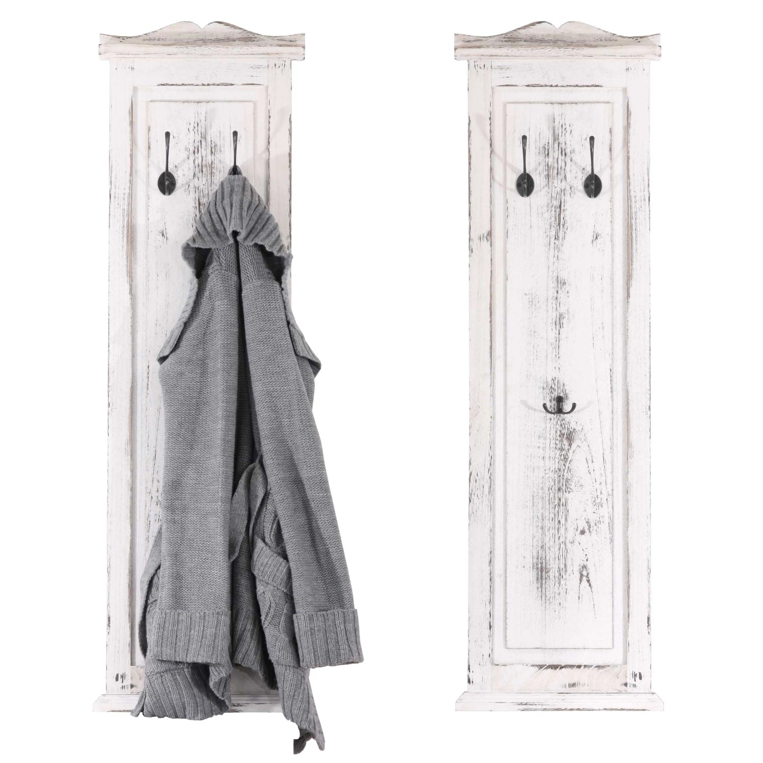 MCW Wandgarderobe H33 2er-Set, weißes Shabby-Design mit Haken für Flur und Eingangsbereich.