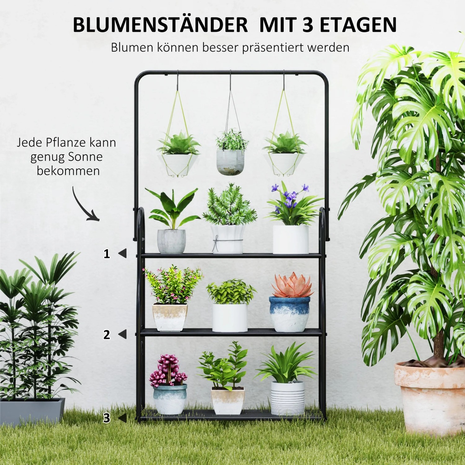 Outsunny Pflanzenständer aus Metall, schwarz, mit drei Ebenen und Hängehaken für Pflanzen.