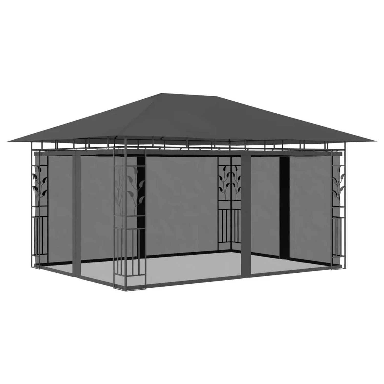 Anthrazitfarbener vidaXL Pavillon 4x3m mit Moskitonetz und LED-Lichterkette.