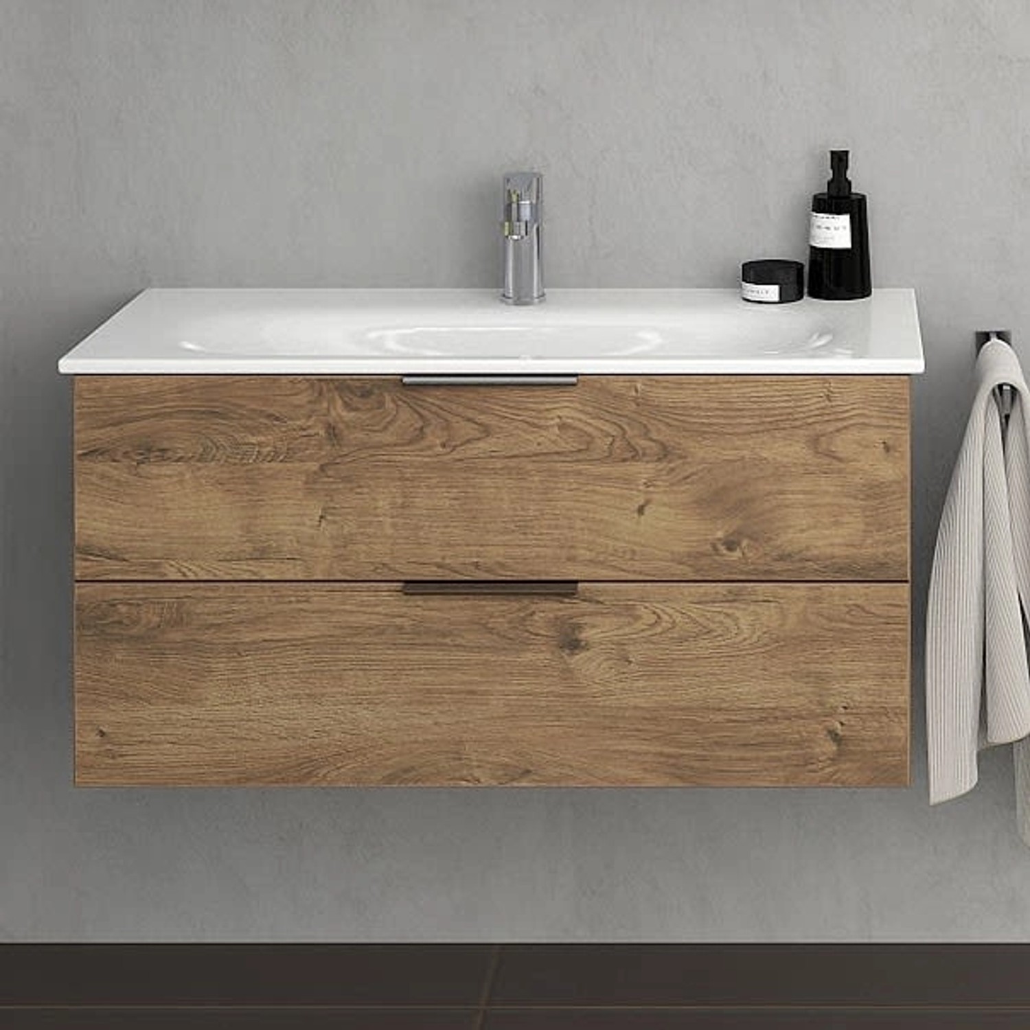 Steinkamp Waschtischunterschrank Living 2.0 Eiche mit GROHE Essence Waschtisch, 100 cm breit.