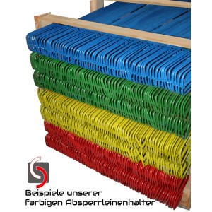 Set aus 10 UvV Absperrleinenhaltern aus Stahl, farbig lackiert (blau, grün, gelb, rot).