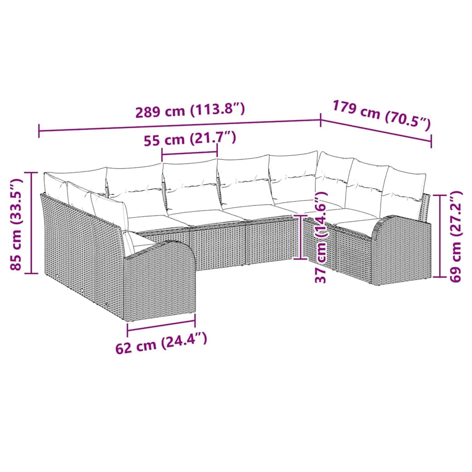 Beiges 9-teiliges vidaXL Garten-Sofa-Set aus Polyrattan mit Maßangaben.