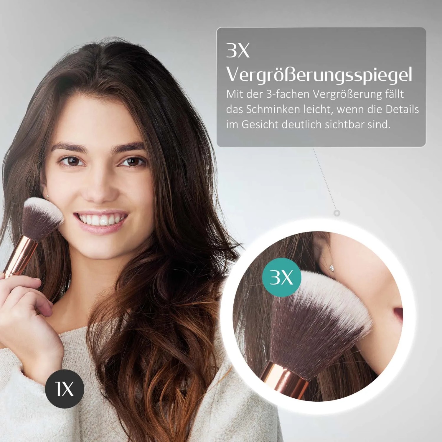 Frau mit Emke Badspiegel (80x60 cm) mit 3-fach Vergrößerung beim Schminken.