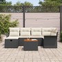 Schwarzes 7-teiliges vidaXL Garten-Sofa-Set aus Rattan mit Kissen und Tisch.