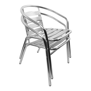 Stapelbare, silberne Mojawo Aluminium Bistrostühle für Garten, Balkon oder Terrasse.