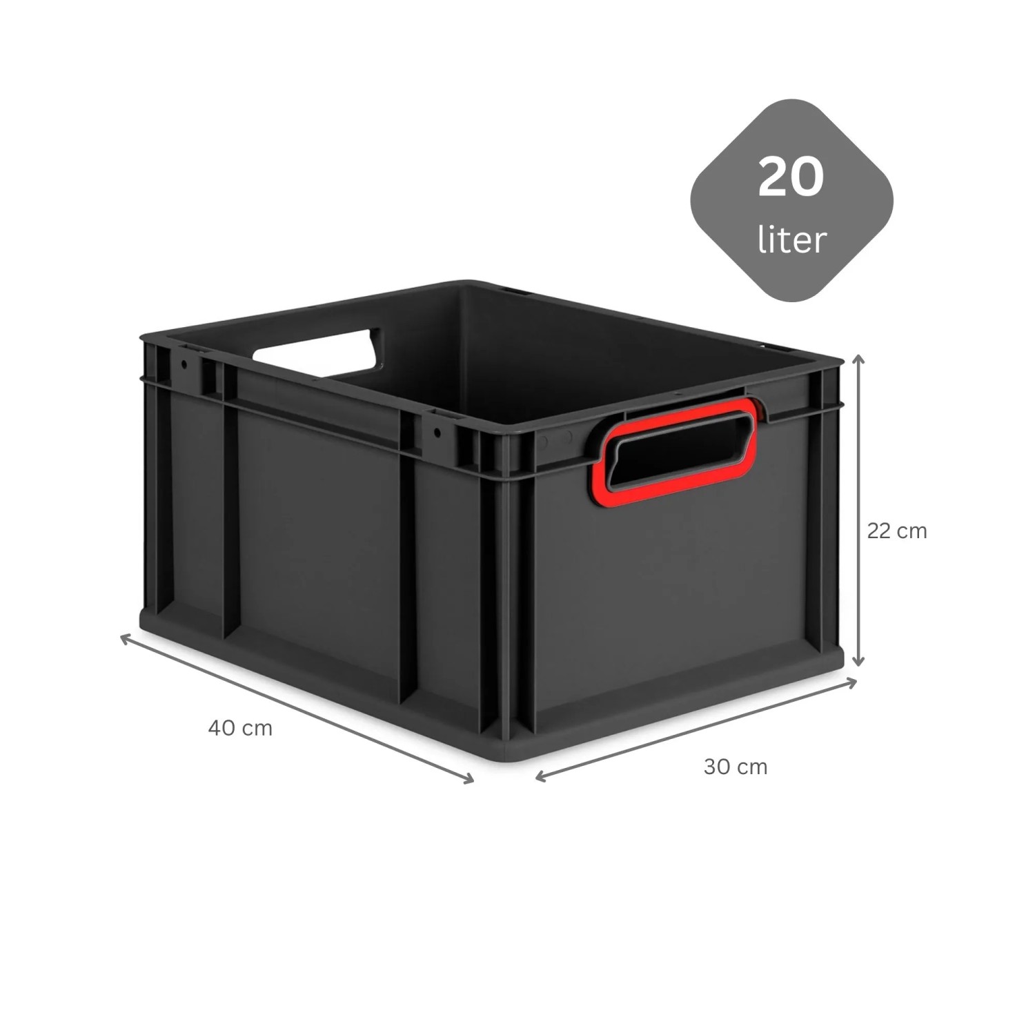 Schwarze PROREGAL Eurobox 20L mit roten Griffen und Auflagedeckel, ideal zur Aufbewahrung.