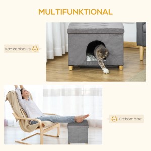 PawHut 2-in-1 Katzenhöhle/Hocker, grau, mit Katze und Nutzung als Fußhocker.