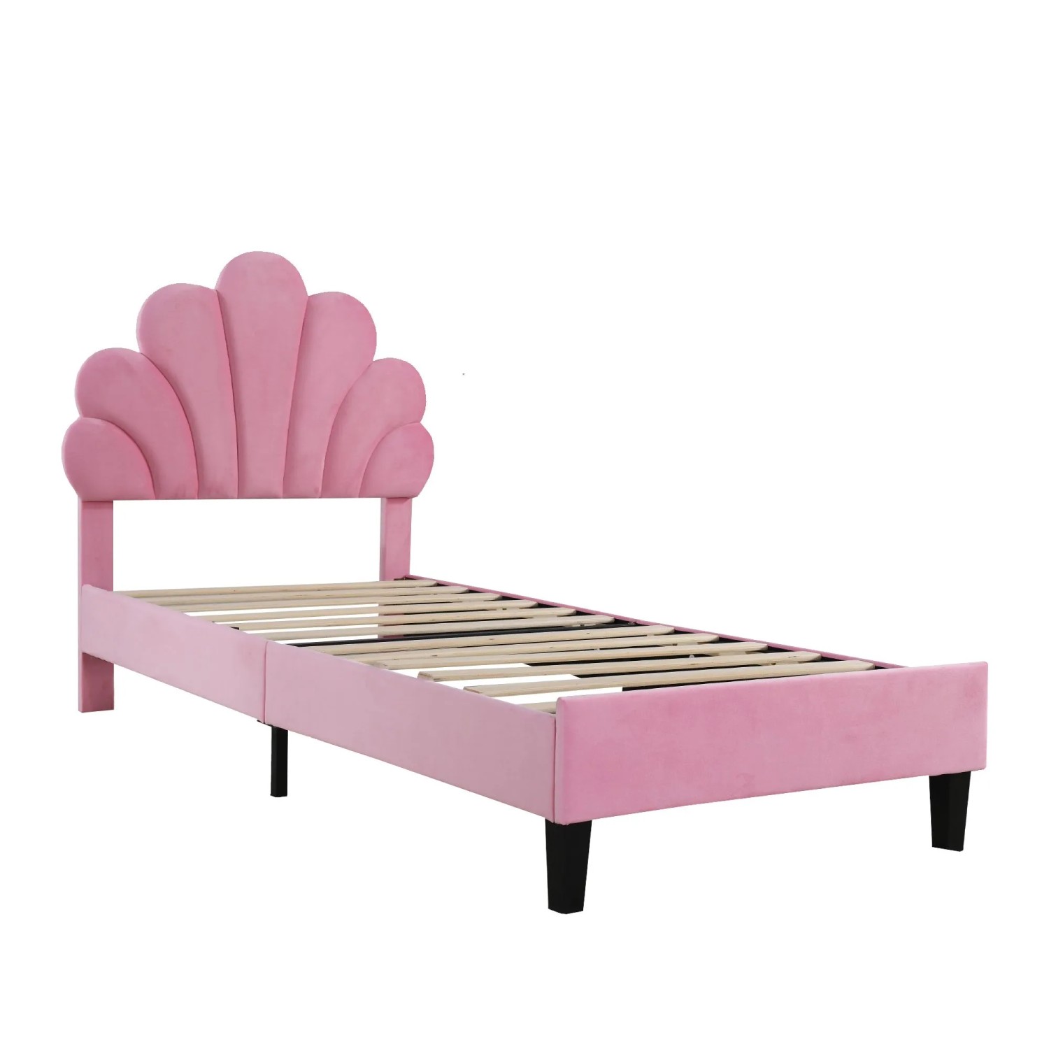 KOMHTOM Gepolstertes Kinderbett 90x200 Cm  Bettgestell Mit Blumenförmigem Kopfteil Und Lattenrost  Samtbezug  Rosa