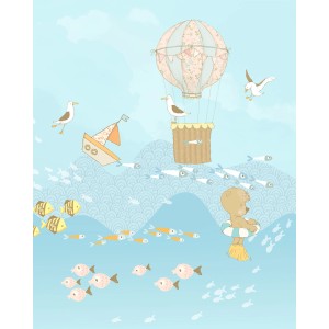 Komar Vliesfototapete Wavy Venture mit Heißluftballon, Boot, Möwen und Fischen.