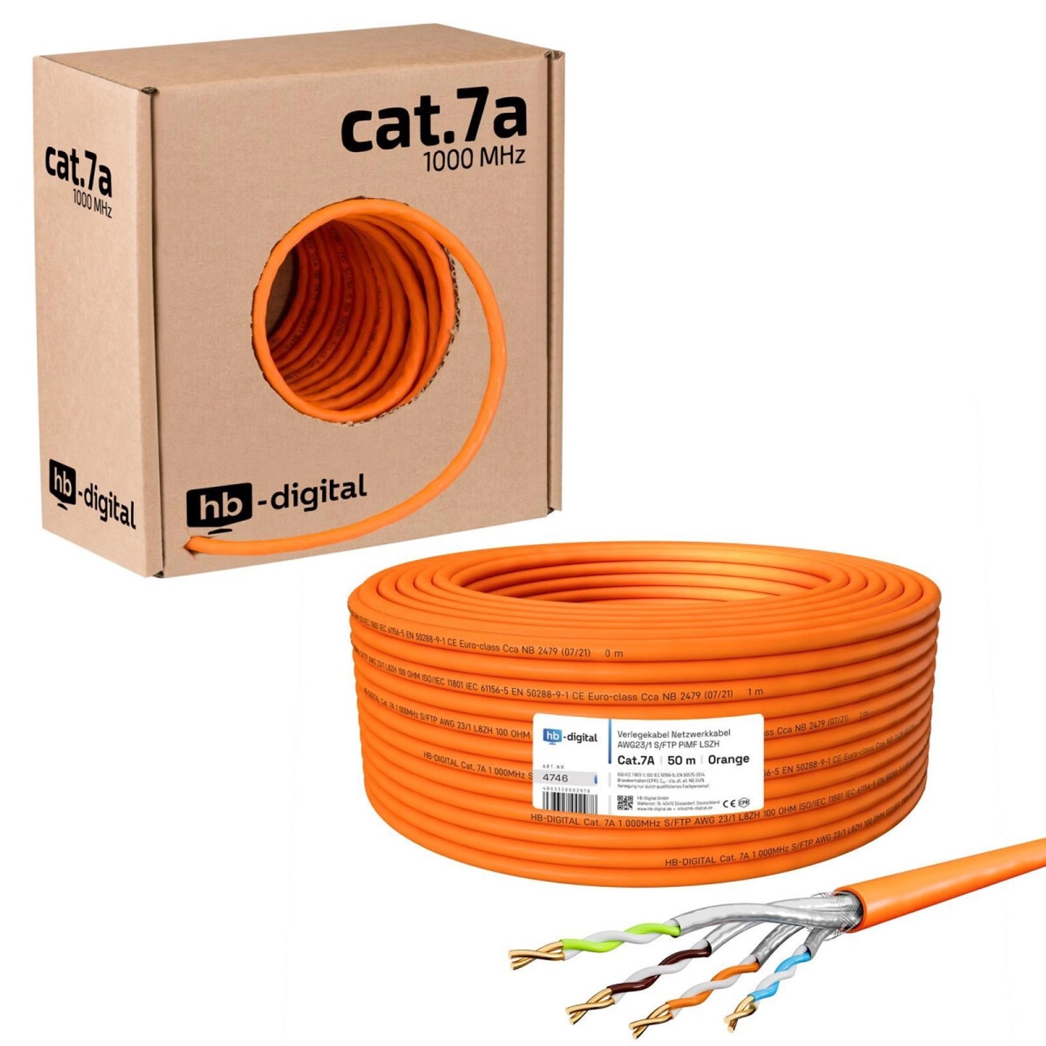 hb-digital Netzwerkkabel CAT 7a Verlegekabel max. 1200 MHz S/FTP AWG23 LSZH 50m orange
