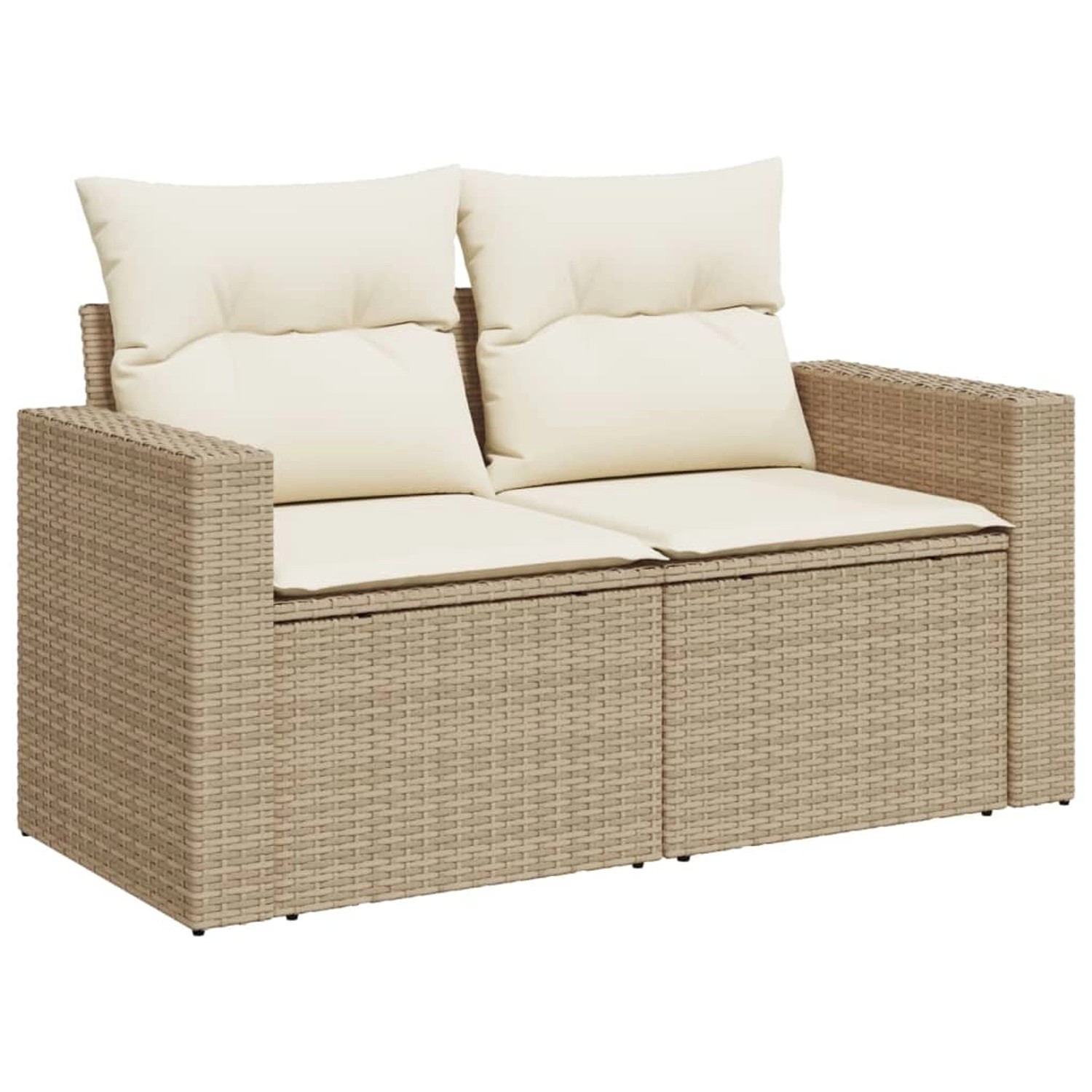 Beige 5-tlg. Garten-Sofagarnitur aus Rattan mit Kissen für Terrasse und Garten.