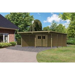 Karibu Doppelcarport Eco aus Holz mit PVC Dachplatten und massiven Pfosten im Garten.
