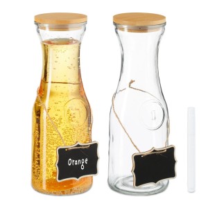 Relaxdays Wasserkaraffe Glas Bambus Transparent mit Deckel 2er Pack 27 cm x 9,5 cm 0,6 kg
