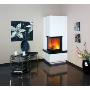 Hark Easy 500 Kaminofen mit Granit Verkleidung, 8 kW Leistung, in modernem Wohnraum.