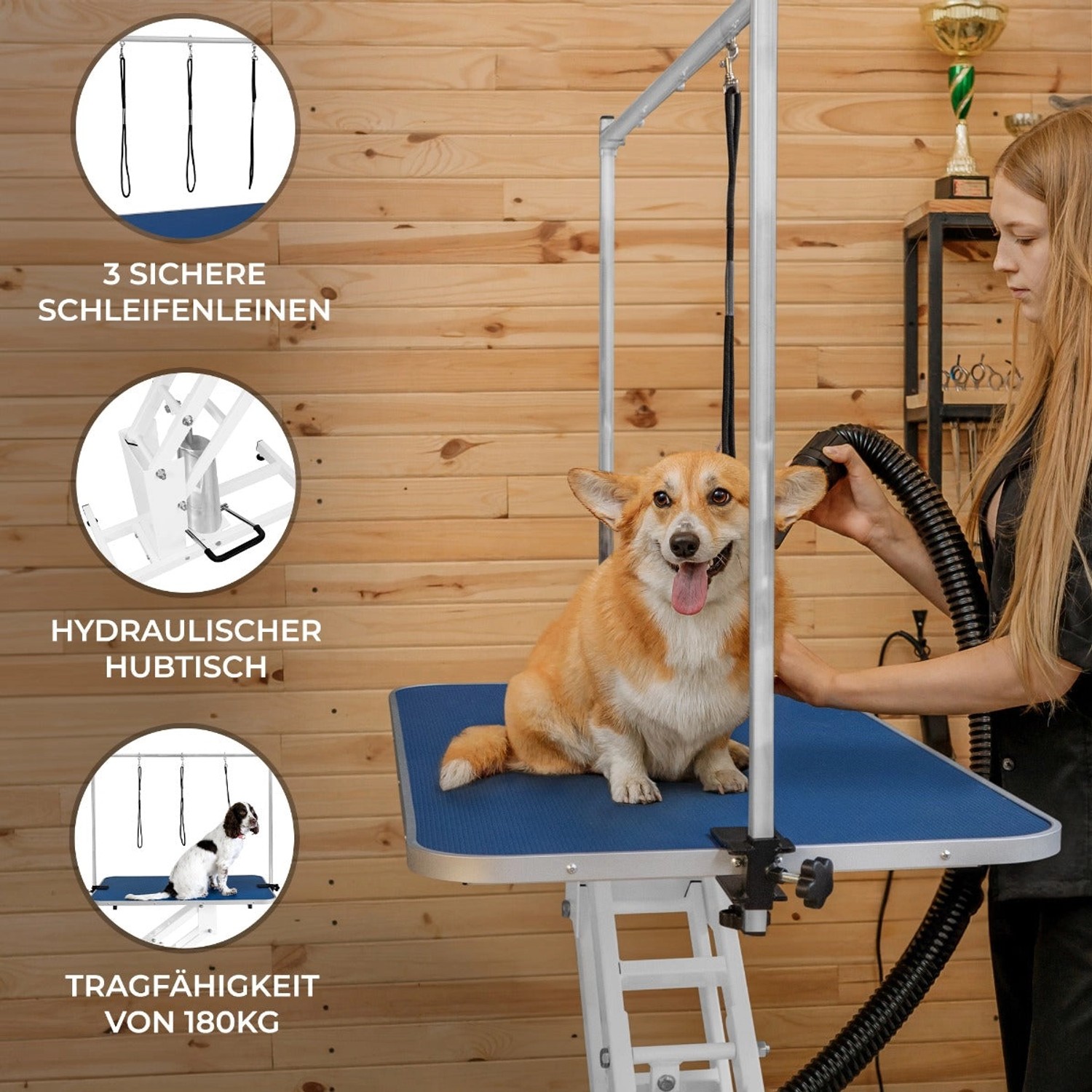 Monstershop Pflegetisch mit Hund, blau-weißer, höhenverstellbarer Tisch mit H-Stange.