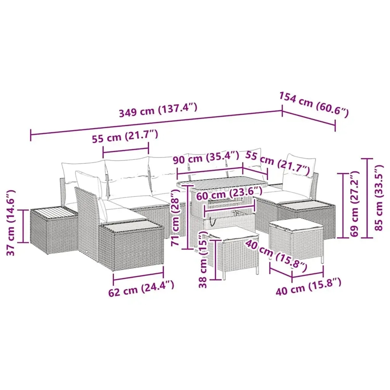 Beiges 10-teiliges vidaXL Garten-Sofa-Set aus Poly Rattan mit Tisch und Kissen.