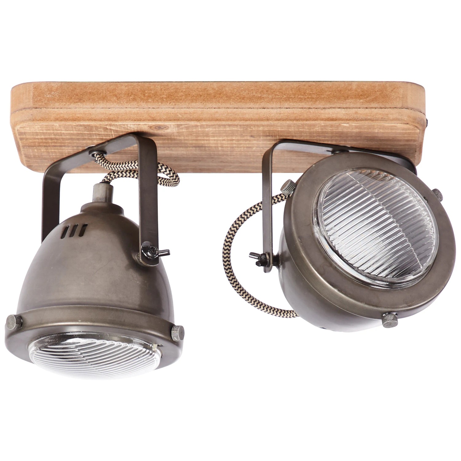 Brilliant Spot Carmen: 2-flammige Deckenleuchte aus Holz und Metall in Burned Steel Optik.