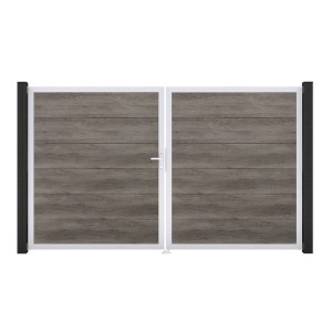 GroJa Steckzaun Tor BasicLine DIN Links EV1 Monument Oak, 2-flügelig, mit Holzoptik Füllung.