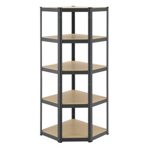 Graues Juskys Eckregal Corner Basic mit 5 Böden, ideal für Keller und Garage.