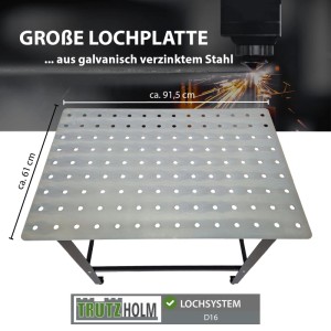TRUTZHOLM Schweißtisch mit Lochplatte aus Stahl, 91,5x61 cm, Tragkraft 200 kg, mattschwarz.