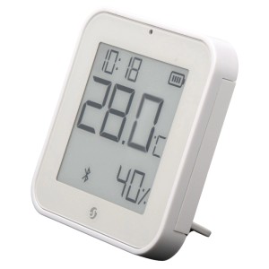 Weißer Shelly BLU H&T Sensor mit Display zur Temperatur- und Feuchtigkeitsmessung.