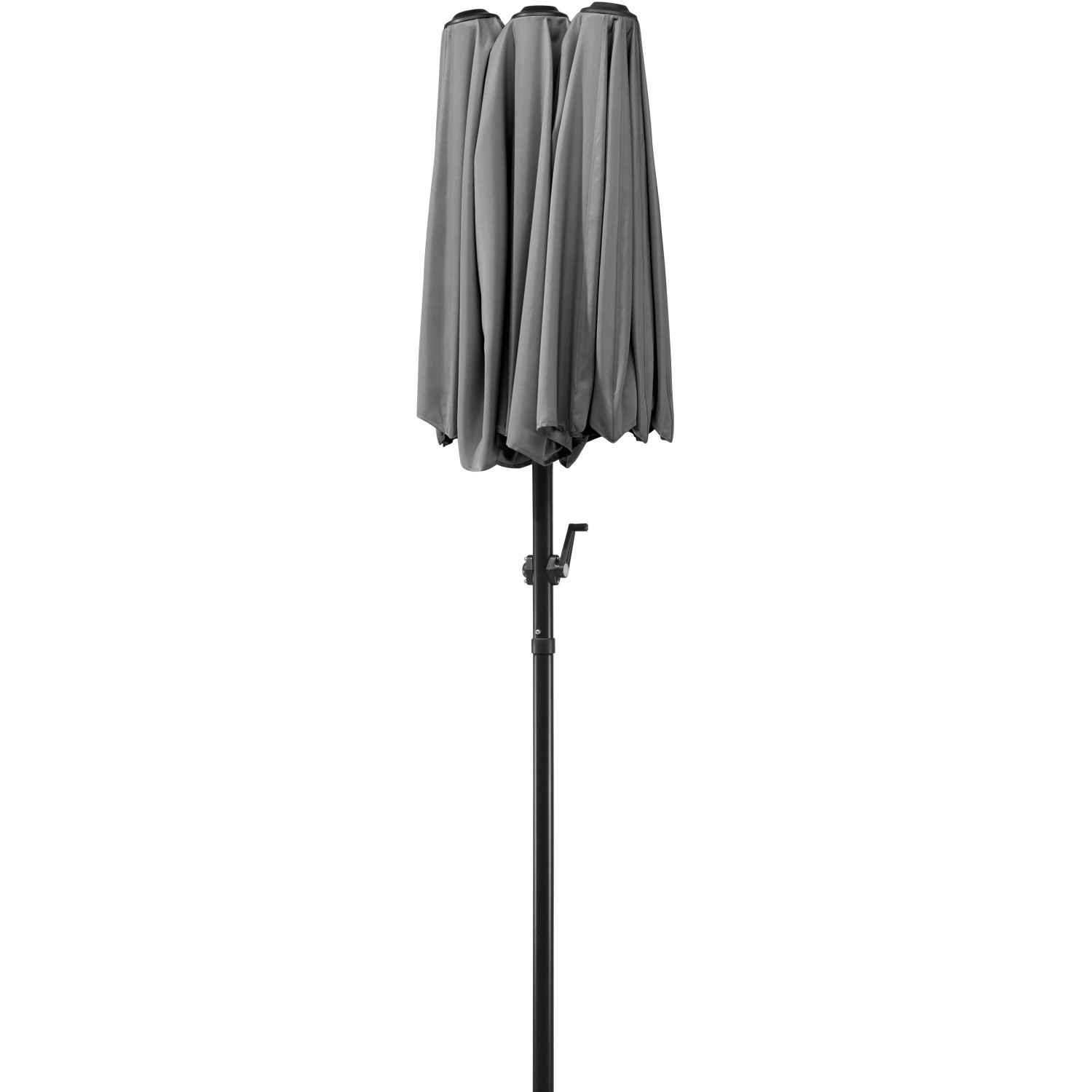 Zusammengeklappter, anthrazitfarbener Schneider Balkonschirm Salerno 300x150 cm mit Kurbel und Knickfunktion.