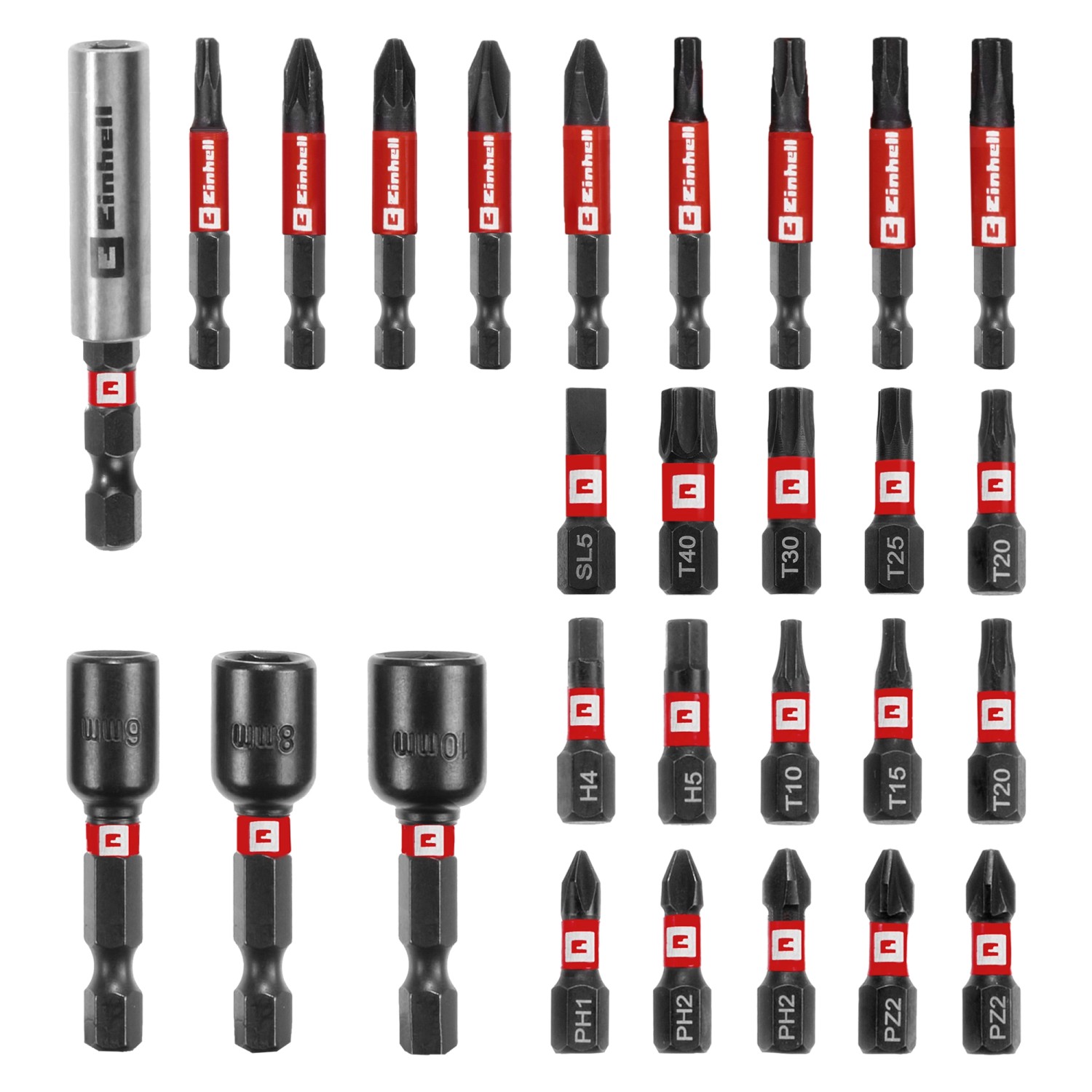 Einhell Impact Bit-Set, 28-teilig, mit Bits, Steckschlüsseln und Bithalter für Schraubendreher.