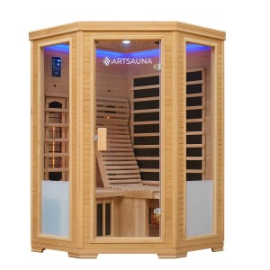 Artsauna Infrarotkabine Aalborg aus Hemlockholz mit Dual Technologie, Innenansicht mit Sitzbank und Liege.