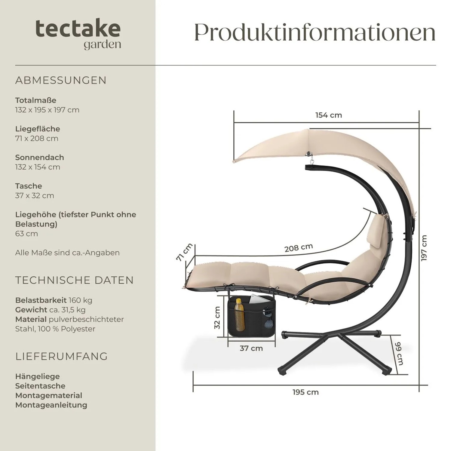 Tectake Hängeliege Elaria Großes Sonnendach Mit Uv Schutz Stabil und Strapazierfähig 195 x 132 x 197 cm Beige_6