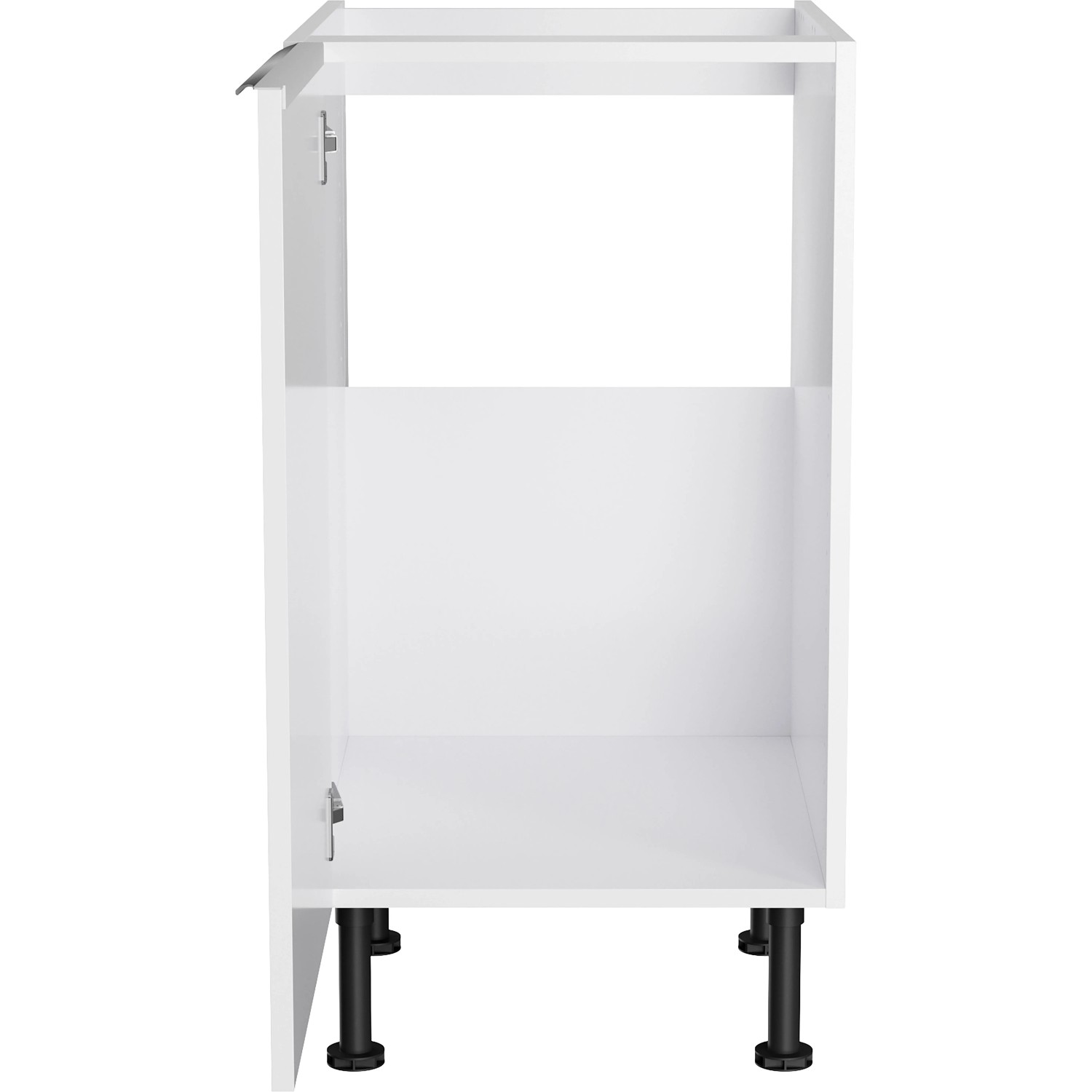 Weißer Optifit Spülenunterschrank Arvid986, 45x87x58,4 cm, mit Tür und schwarzen Füßen.