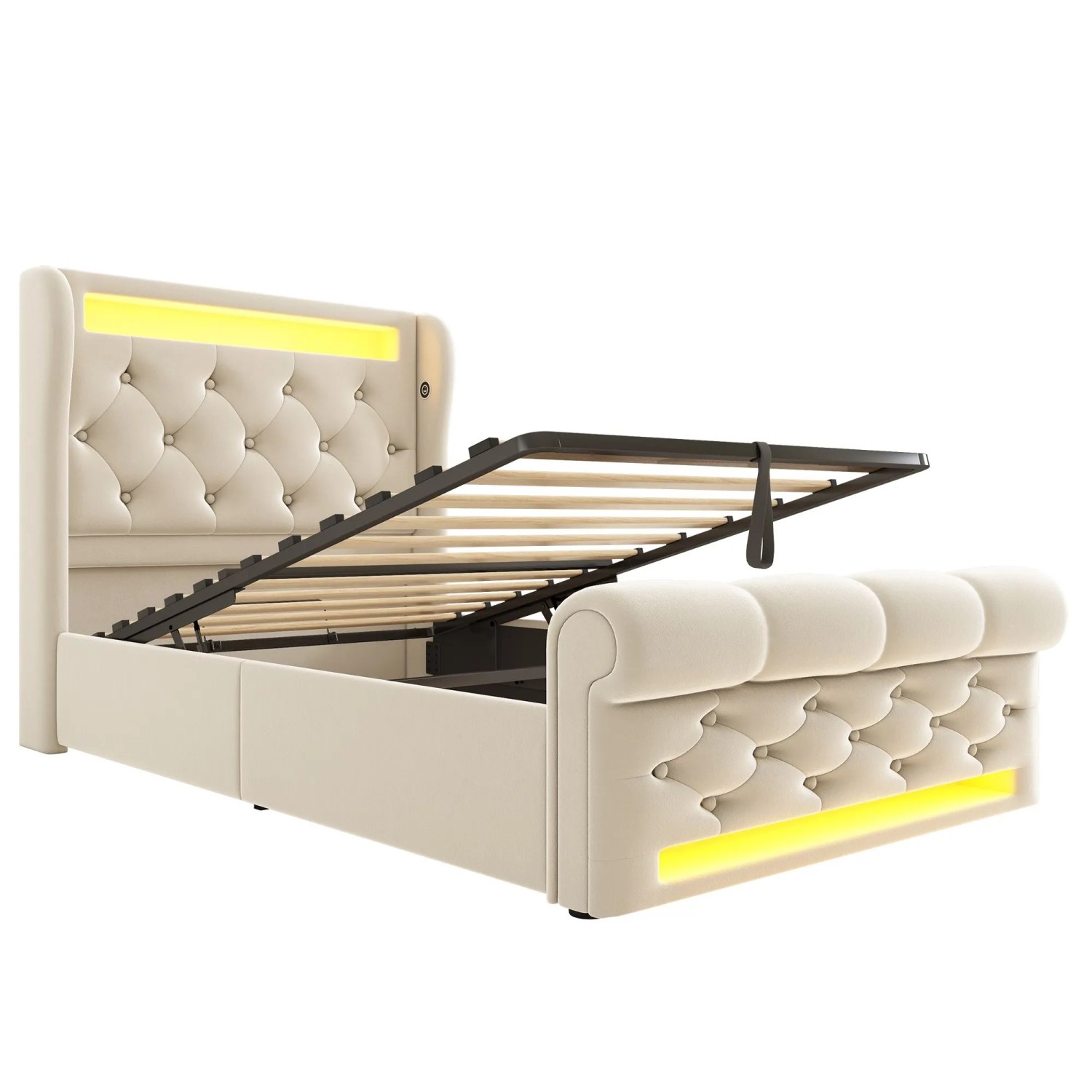 Merax Polsterbett 90x200cm LED USB-C Hydraulik Beige