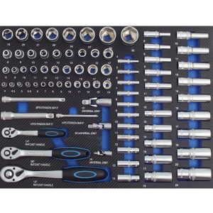 TRUTZHOLM Werkstattwagen Einlage mit 80-teiligem Steckschlüsselsatz in blauem Schaumstoff.