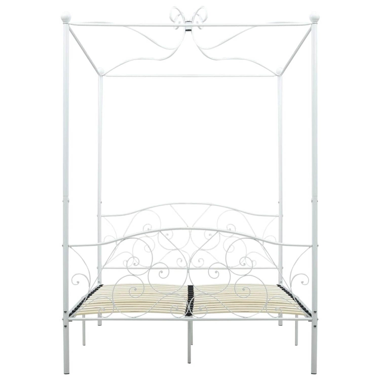 Weißes Metall Himmelbett 120x200 cm mit Lattenrost für Schlafzimmer.
