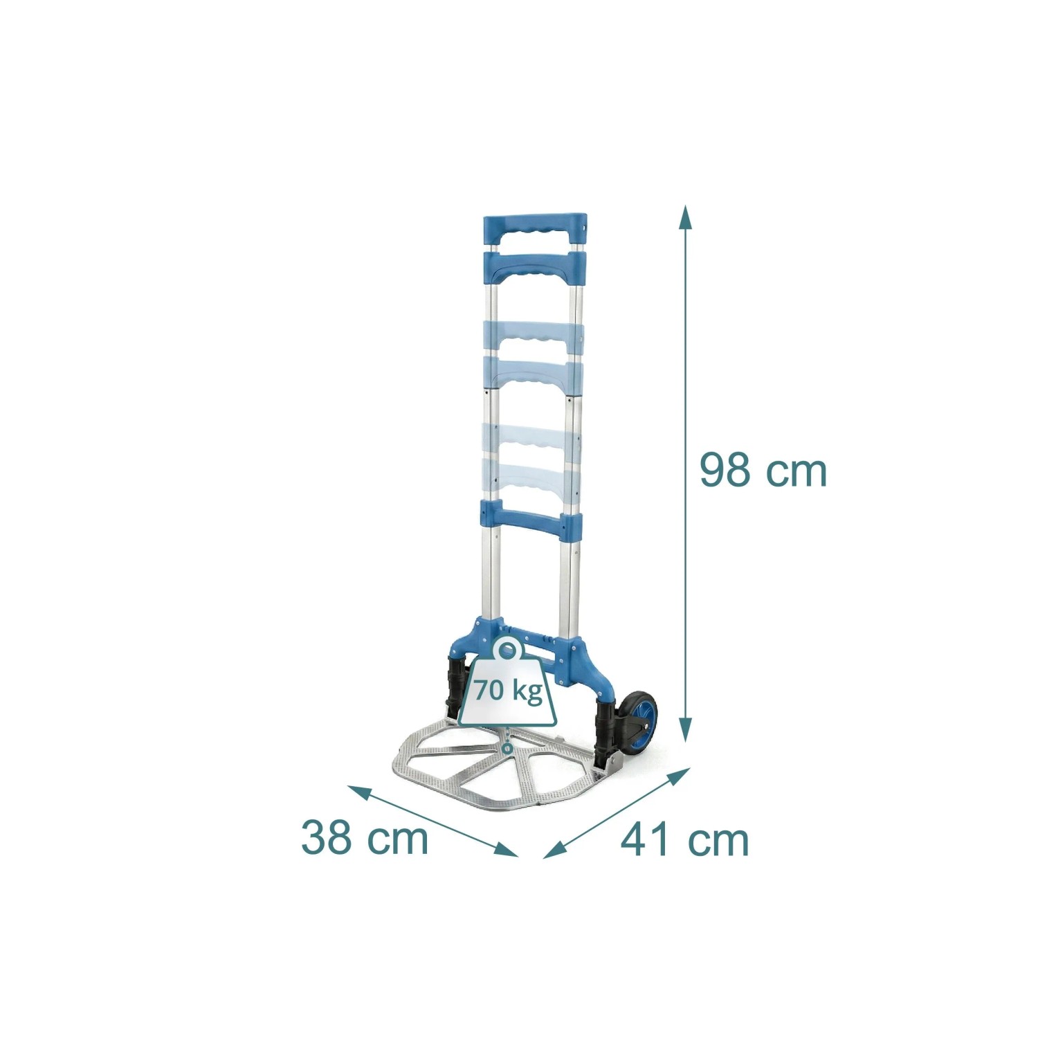Blaue klappbare Relaxdays Sackkarre aus Stahl mit Teleskopgriff, 98x38x41 cm, trägt bis 70 kg.
