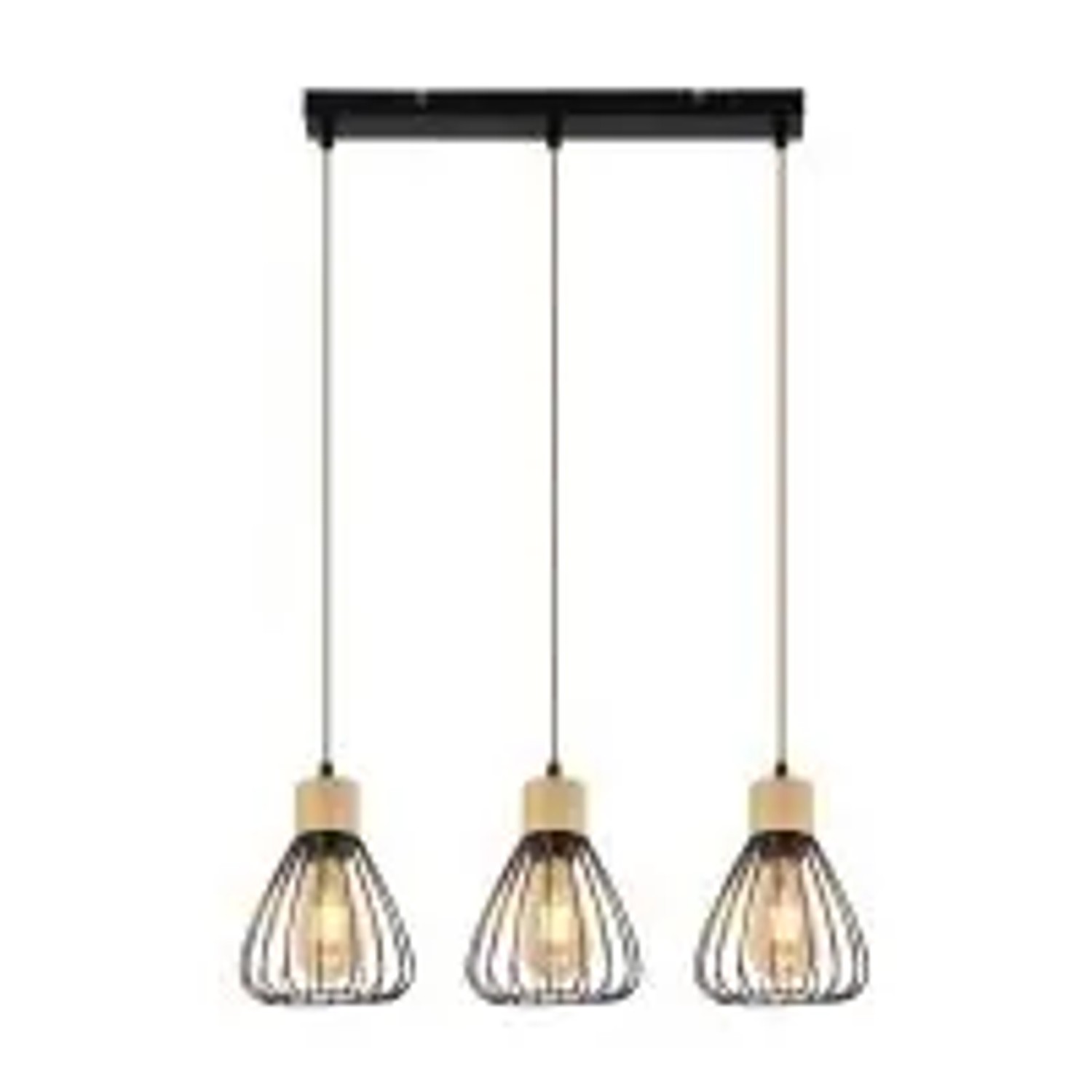 NETTLIFE Pendelleuchte Vintage Industrie Retro Wohnzimmer Hängelampe aus Holz und Hanfseil in Schwarz Metall 3 Flammig E27